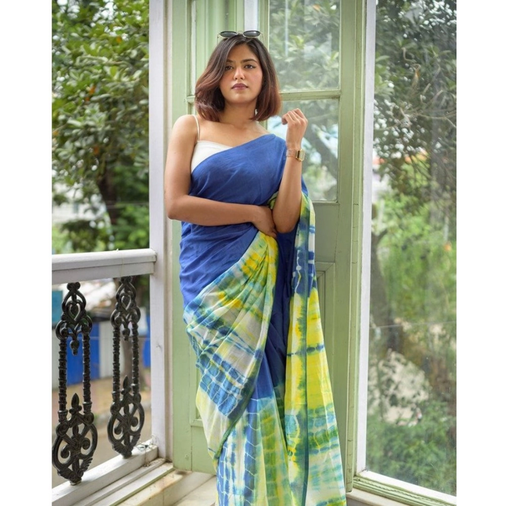 Generic Women's Linen Printed Saree With Unstitched Blouse 5.5Mtr (Blue) Generic Women's Linen Printed Saree With Unstitched Blouse 5.5Mtr (Blue)