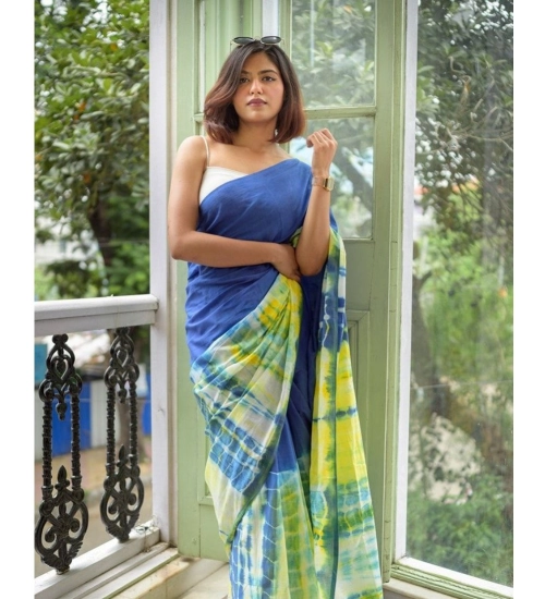 Generic Women's Linen Printed Saree With Unstitched Blouse 5.5Mtr (Blue)