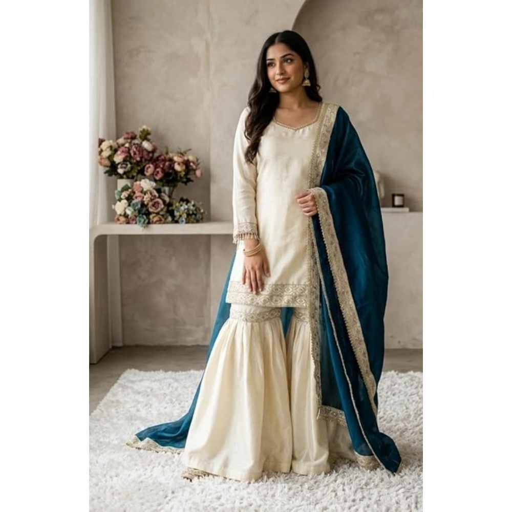 Generic Women's Silk Embroidered 3/4th Sleeve V-Neck Kurti With Sharara Pant and Dupatta Set (Cream & Teal) Generic Women's Silk Embroidered 3/4th Sleeve V-Neck Kurti With Sharara Pant and Dupatta Set (Cream & Teal)