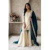 Generic Women's Silk Embroidered 3/4th Sleeve V-Neck Kurti With Sharara Pant and Dupatta Set (Cream & Teal) Generic Women's Silk Embroidered 3/4th Sleeve V-Neck Kurti With Sharara Pant and Dupatta Set (Cream & Teal)