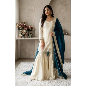 Generic Women's Silk Embroidered 3/4th Sleeve V-Neck Kurti With Sharara Pant and Dupatta Set (Cream &amp; Teal)