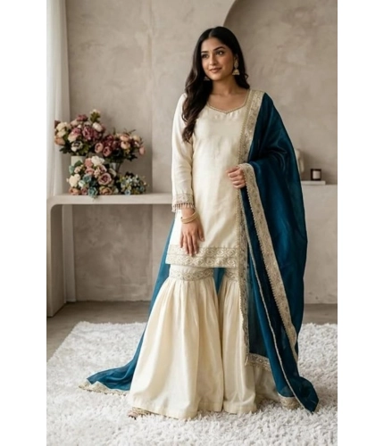 Generic Women's Silk Embroidered 3/4th Sleeve V-Neck Kurti With Sharara Pant and Dupatta Set (Cream &amp; Teal)