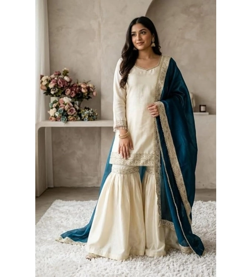 Generic Women's Silk Embroidered 3/4th Sleeve V-Neck Kurti With Sharara Pant and Dupatta Set (Cream & Teal) Generic Women's Silk Embroidered 3/4th Sleeve V-Neck Kurti With Sharara Pant and Dupatta Set (Cream & Teal)