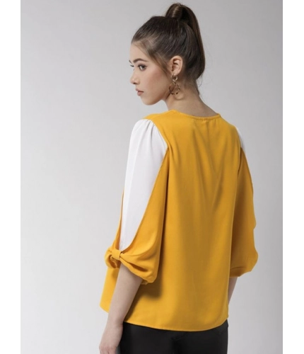 Generic Women's Polyester Colour Block Slit Sleeve Top (Yellow-White)