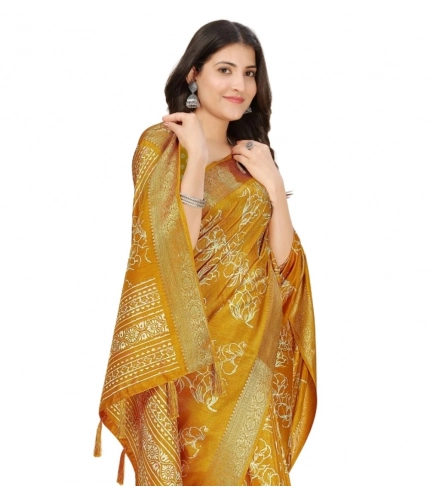 Generic Women's Cotton Silk Floral Printed Saree With Unstitched Blouse 5.5Mtr (Yellow)