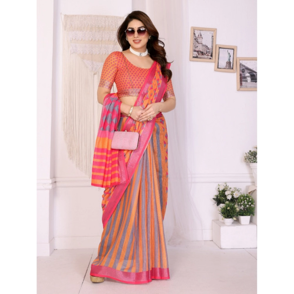 Generic Women's Linen Cotton Printed Saree With Unstitched Blouse 5.5Mtr (Orange ) Generic Women's Linen Cotton Printed Saree With Unstitched Blouse 5.5Mtr (Orange )