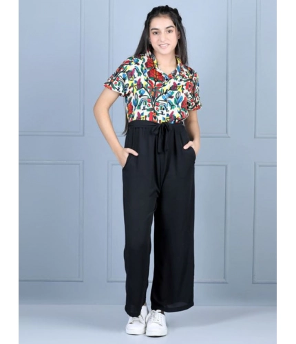 Generic Girl's Polyester Printed Short Sleeves Jumpsuit (Multicolor-Black)