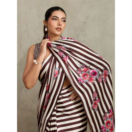 Women's Satin Crepe Printed Saree With Unstitched Blouse 5.5Mtr (Brown)