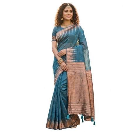 Generic Women's Linen Cotton Printed Saree With Unstitched Blouse 5.5Mtr (Blue)