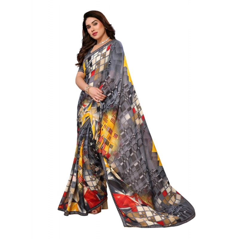 Women's Georgette Printed Saree With Unstitched Blouse 5.5Mtr (Multicolor)