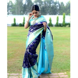 Generic Women's Soft Litchi Silk Jacquard Work Saree With Unstitched Blouse 5.5Mtr (Blue)