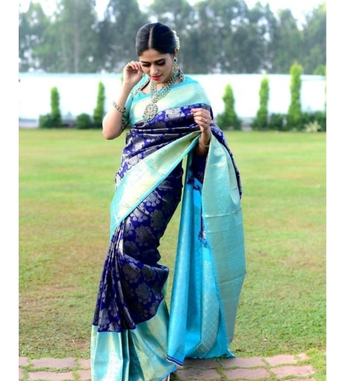 Generic Women's Soft Litchi Silk Jacquard Work Saree With Unstitched Blouse 5.5Mtr (Blue)