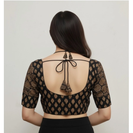 Generic Women's Ajrakh Cotton Printed Sweetheart Padded Blouse (Black 38 Ready (Self Alterable 36–40)