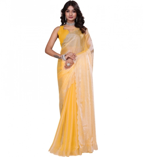 Generic Women's Tissue Pure Silk Embellished Bollywood Saree With Unstitched Blouse 5.5Mtr (Yellow)