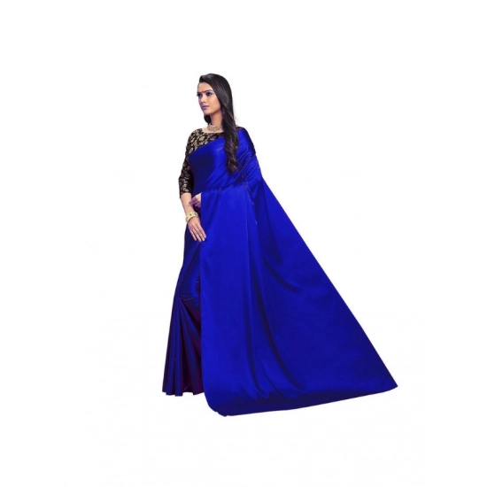 Generic Women's Satin Solid Saree With Unstitched Blouse 5.5Mtr (Blue)