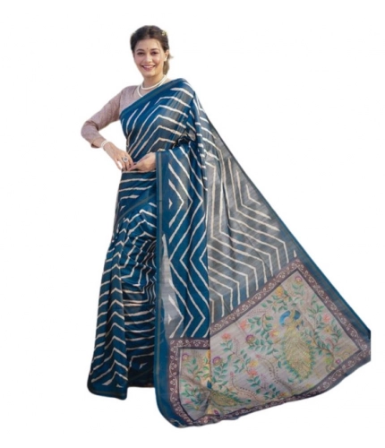 Generic Women's Faux_Tussar_Silk Geometric_Print Saree With Unstitched Blouse 5.5Mtr (Blue)