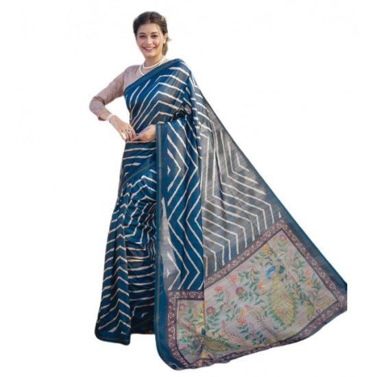 Generic Women's Faux_Tussar_Silk Geometric_Print Saree With Unstitched Blouse 5.5Mtr (Blue) Generic Women's Faux_Tussar_Silk Geometric_Print Saree With Unstitched Blouse 5.5Mtr (Blue)
