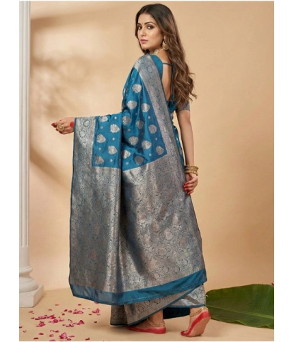 Generic Women's Silk Blend Printed Saree With Unstitched Blouse 5.5Mtr (Teal Blue)