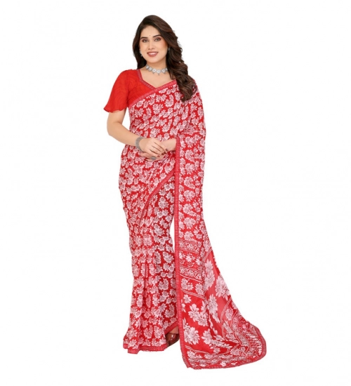 Generic Women's Georgette Printed Saree With Unstitched Blouse 5.5Mtr (Red)