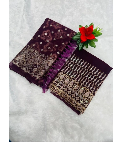 Generic Women's Embroidered Georgette Saree With Unstitched Blouse (Magenta, 5-6 Mtrs)