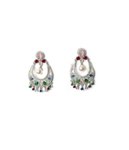 Generic Women's Brass Silver Plated Chandbali Earrings (Multicolor)