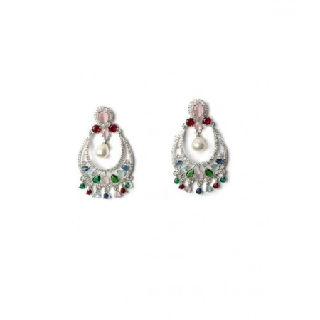 Generic Women's Brass Silver Plated Chandbali Earrings (Multicolor) Generic Women's Brass Silver Plated Chandbali Earrings (Multicolor)