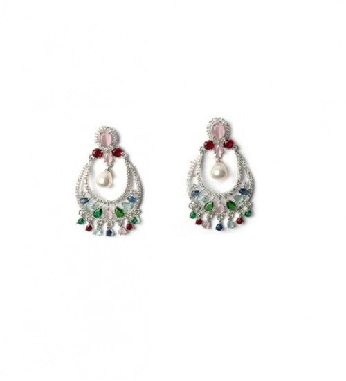 Generic Women's Brass Silver Plated Chandbali Earrings (Multicolor) Generic Women's Brass Silver Plated Chandbali Earrings (Multicolor)