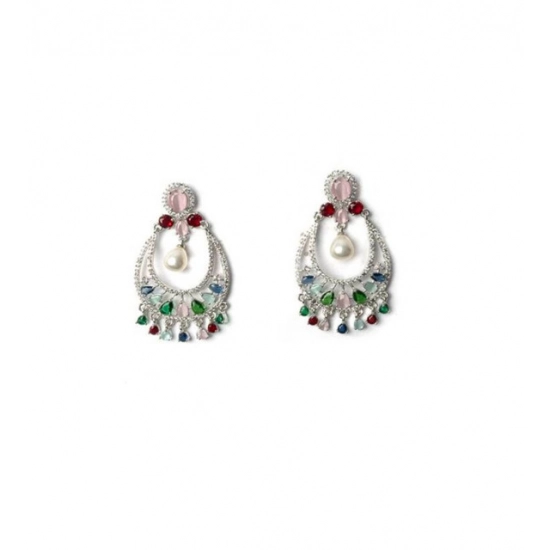 Generic Women's Brass Silver Plated Chandbali Earrings (Multicolor) Generic Women's Brass Silver Plated Chandbali Earrings (Multicolor)