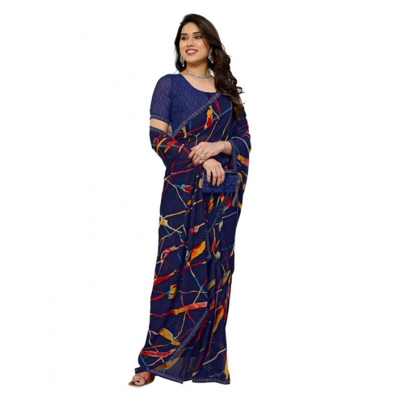 Women's Georgette Printed Saree With Unstitched Blouse 5.5Mtr (Blue)