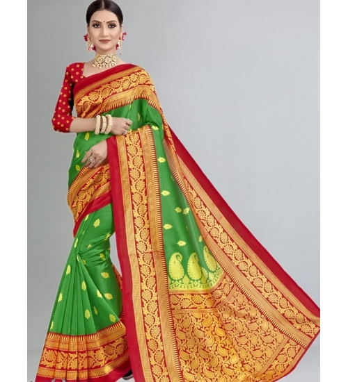 Generic Women's Litchi silk Printed Saree With Unstitched Blouse  5-6 Mtrs (Green)