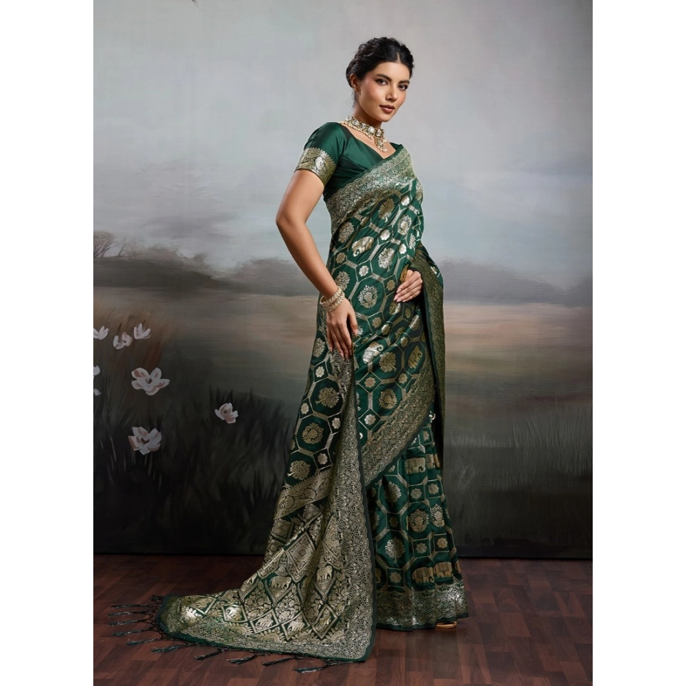 Generic Women's Silk Blend Printed Saree With Unstitched Blouse 5.5Mtr (Bottel Green)