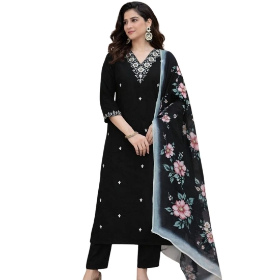 Generic Women's Chanderi Silk Ethnic Motif V-Neck 3/4th Sleeve Kurti With Pant Dupatta Set (Black) Generic Women's Chanderi Silk Ethnic Motif V-Neck 3/4th Sleeve Kurti With Pant Dupatta Set (Black)