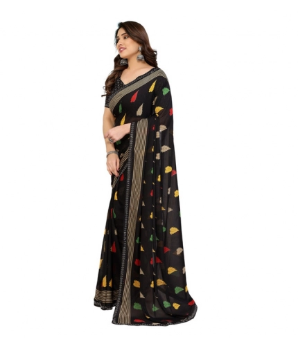 Generic Women's Georgette Printed Saree With Unstitched Blouse 5.5Mtr (Black)