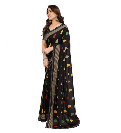 Generic Women's Georgette Printed Saree With Unstitched Blouse 5.5Mtr (Black)