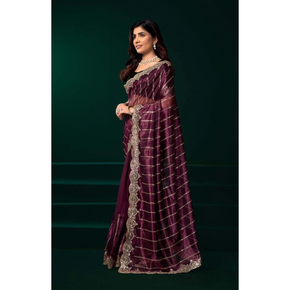 Generic Women's Net Sequence Saree With Unstitched Blouse 5.5Mtr (Maroon)