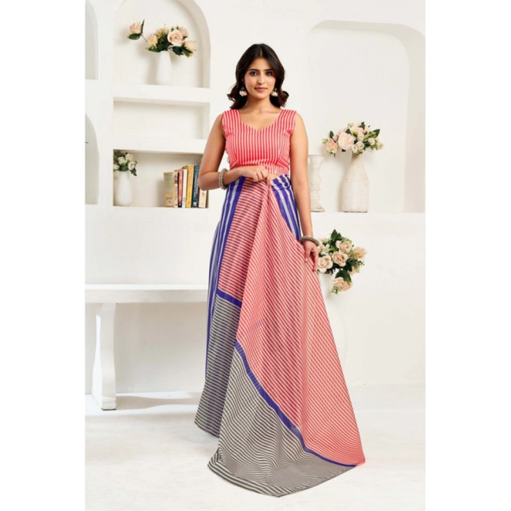 Generic Women's Linen Cotton Printed Ready To Wear Saree With Unstitched Blouse 5.5 Mtr (Blue)