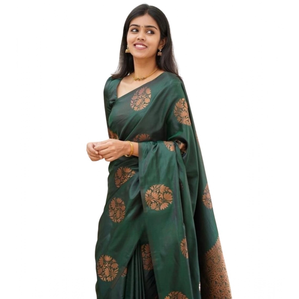 Generic Women's Soft Litchi Silk Jacquard Work Saree With Unstitched Blouse 5.5Mtr (Green)