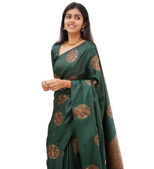 Generic Women's Soft Litchi Silk Jacquard Work Saree With Unstitched Blouse 5.5Mtr (Green)