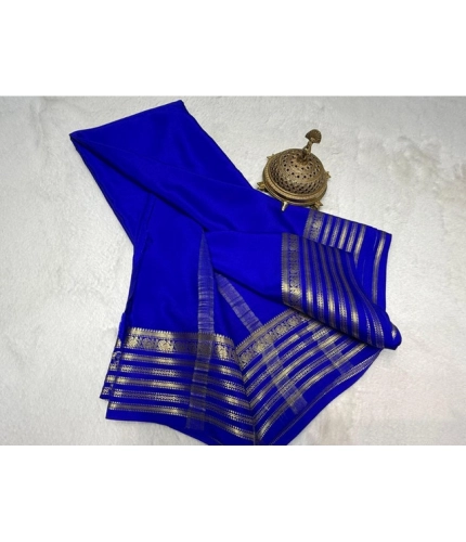 Generic Women's Crepe Chit Pallu Solid Saree With Unstitched Blouse 5.5Mtr (Blue)