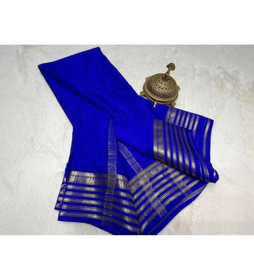 Generic Women's Crepe Chit Pallu Solid Saree With Unstitched Blouse 5.5Mtr (Blue)
