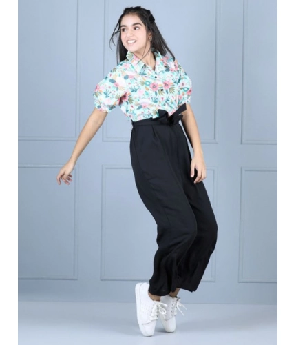 Generic Girl's Polyester Floral Short Sleeves Jumpsuit (Green-Black)