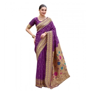 Generic Women's Silk Blend Zari Woven Saree With Unstitched Blouse 5.5Mtr (Purple)