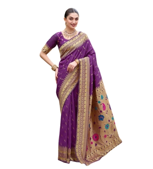 Generic Women's Silk Blend Zari Woven Saree With Unstitched Blouse 5.5Mtr (Purple)