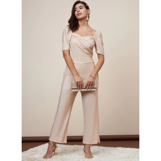 Generic Women's Polyester Shimmer Self Design Short Sleeve Jumpsuit (Gold)