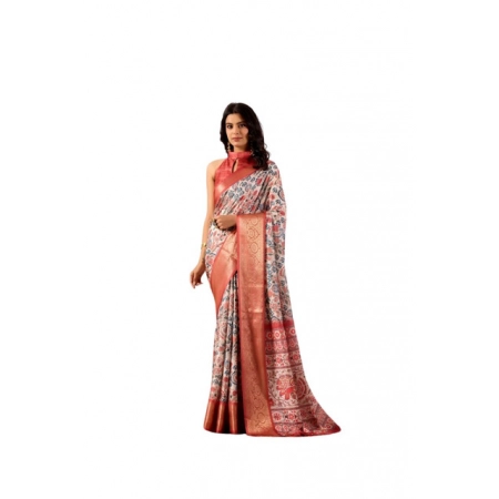 Generic Women's Faux_Silk Printed Saree With Unstitched Blouse 5.5Mtr (Off_White)