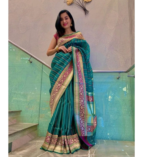 Generic Women's Soft Litchi Silk Jacquard Work Saree With Unstitched Blouse 5.5Mtr (Green)