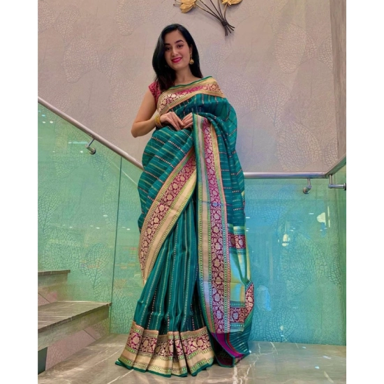 Generic Women's Soft Litchi Silk Jacquard Work Saree With Unstitched Blouse 5.5Mtr (Green)
