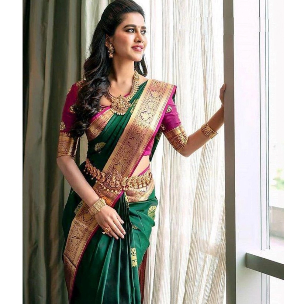 Generic Women's Soft Litchi Silk Jacquard Work Saree With Unstitched Blouse 5.5Mtr (Green)