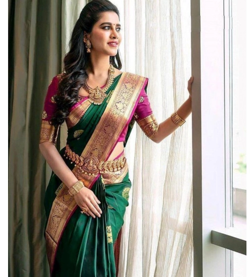 Generic Women's Soft Litchi Silk Jacquard Work Saree With Unstitched Blouse 5.5Mtr (Green)