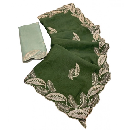 Generic Women's Chiffon Embroidered Saree With Unstitched Blouse 5.5Mtr (Green)